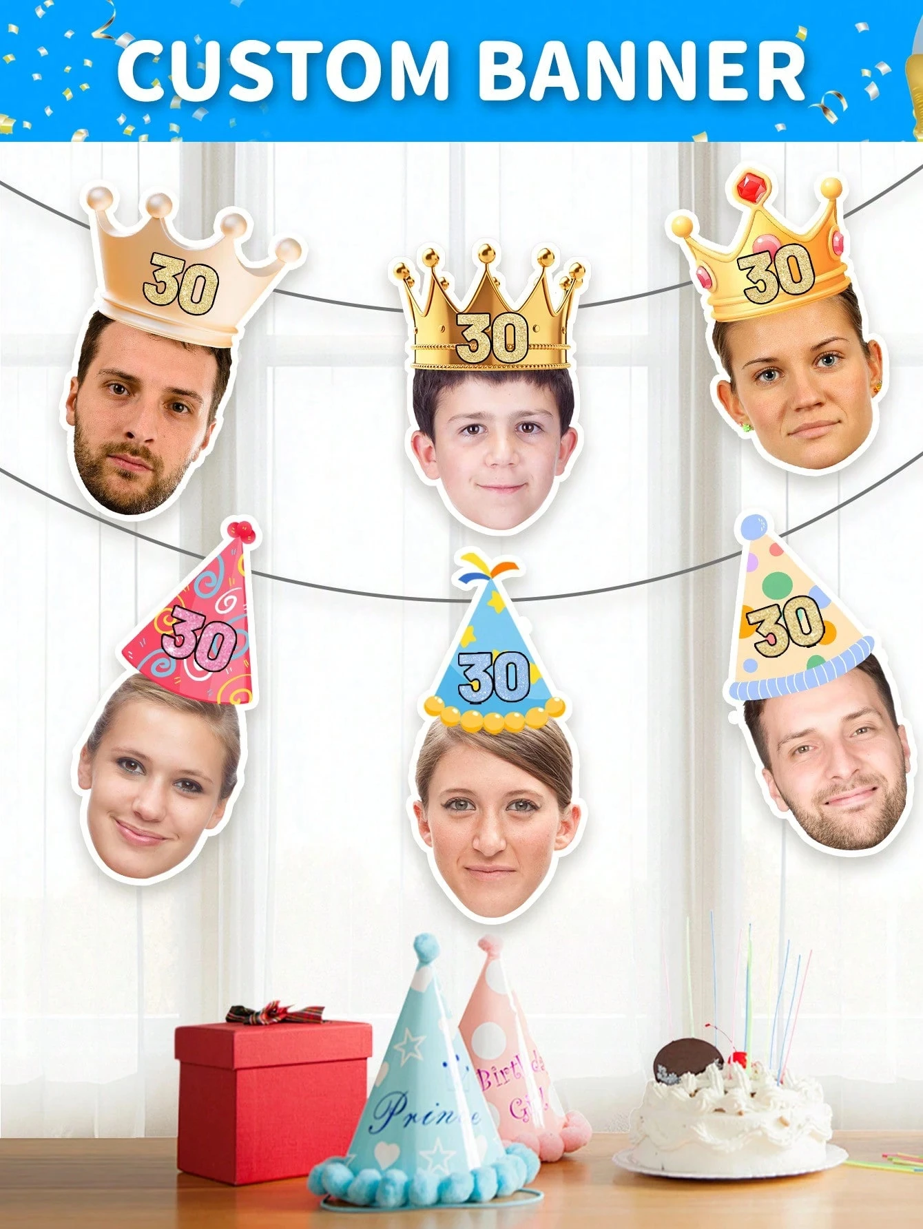 20 cm individuelles Gesichts-Geburtstagsbanner mit Krone und Hut, 6 Designs, personalisiertes Foto und Alter, 7/14/21/28 Stück DIY-Partydekoration, kein Seil!