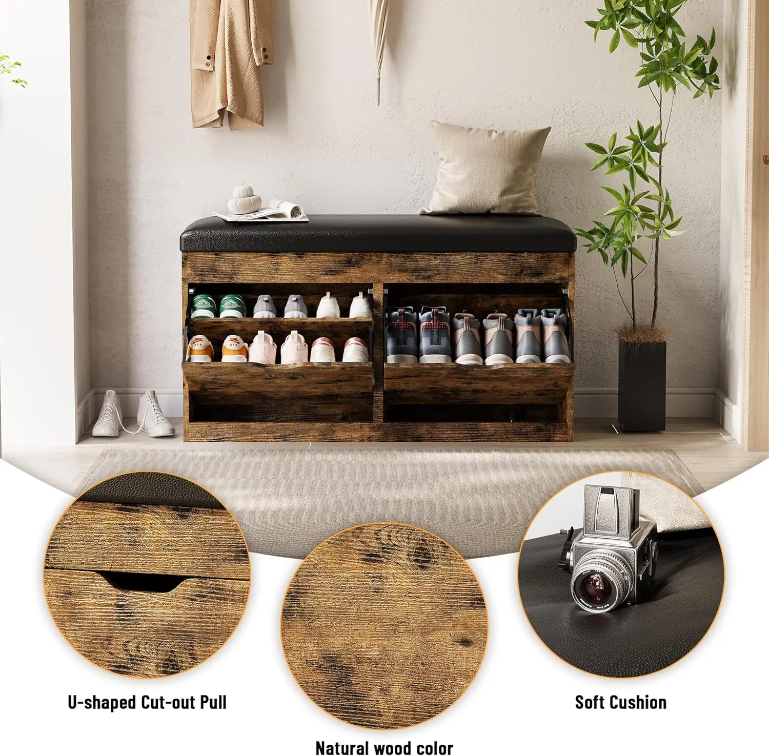 40" Shoe Storage Bench with 2 Flip Drawers & Padded Seat Cushion,  Cabinet with Lift Top Storage Box, Bench