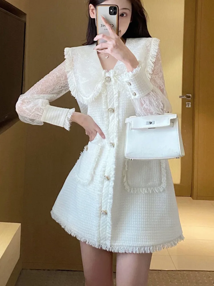 

2022 New Spring High Quality Fashion Sweet Women Long Sleeve Tweed French White Lace Mesh Patchwork Dresses Office Work Vesitdos