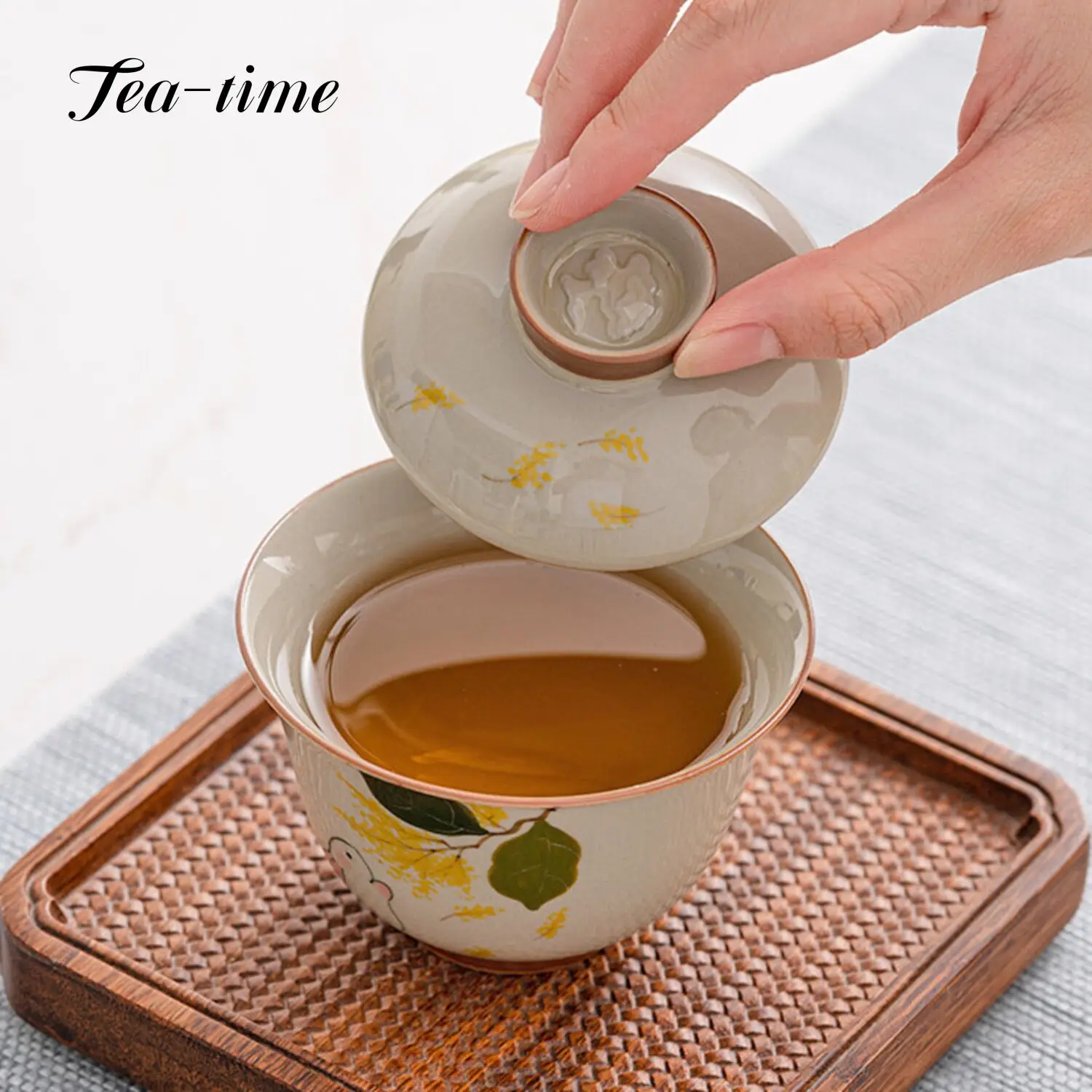 150ml Plant Ash Gaiwan Hand-painted Cute Rabbit Ceramic Ercai Tea Tureen Teacup Tea Bowl Anti-scald High-end Kung Fu Set