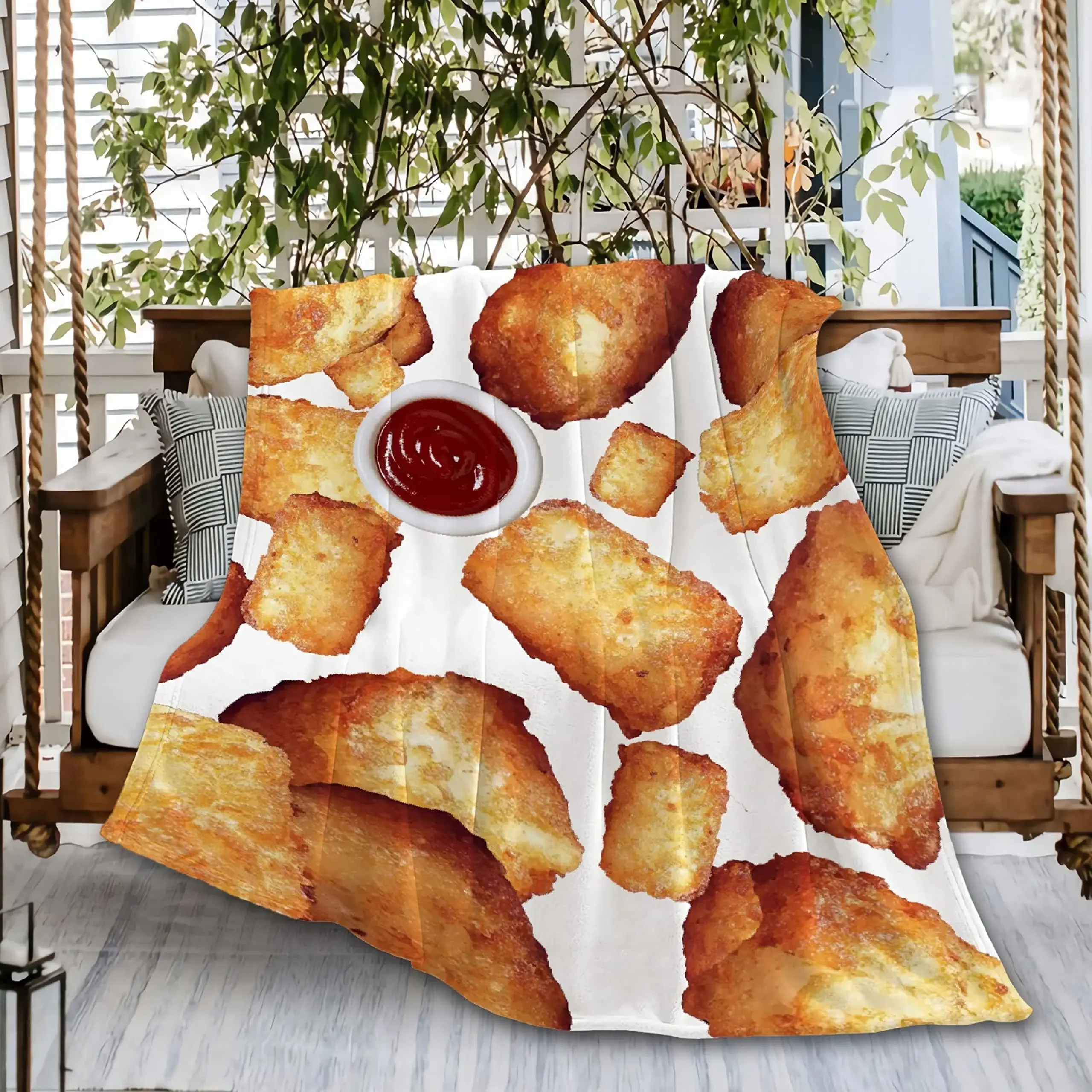 thumbnail image 1 of Manta de franela suave con diseño de nuggets de pollo y deliciosa carne, manta de sofá de comida rápida de estilo occidental para niños, tamaño king y queen, 1 of 5