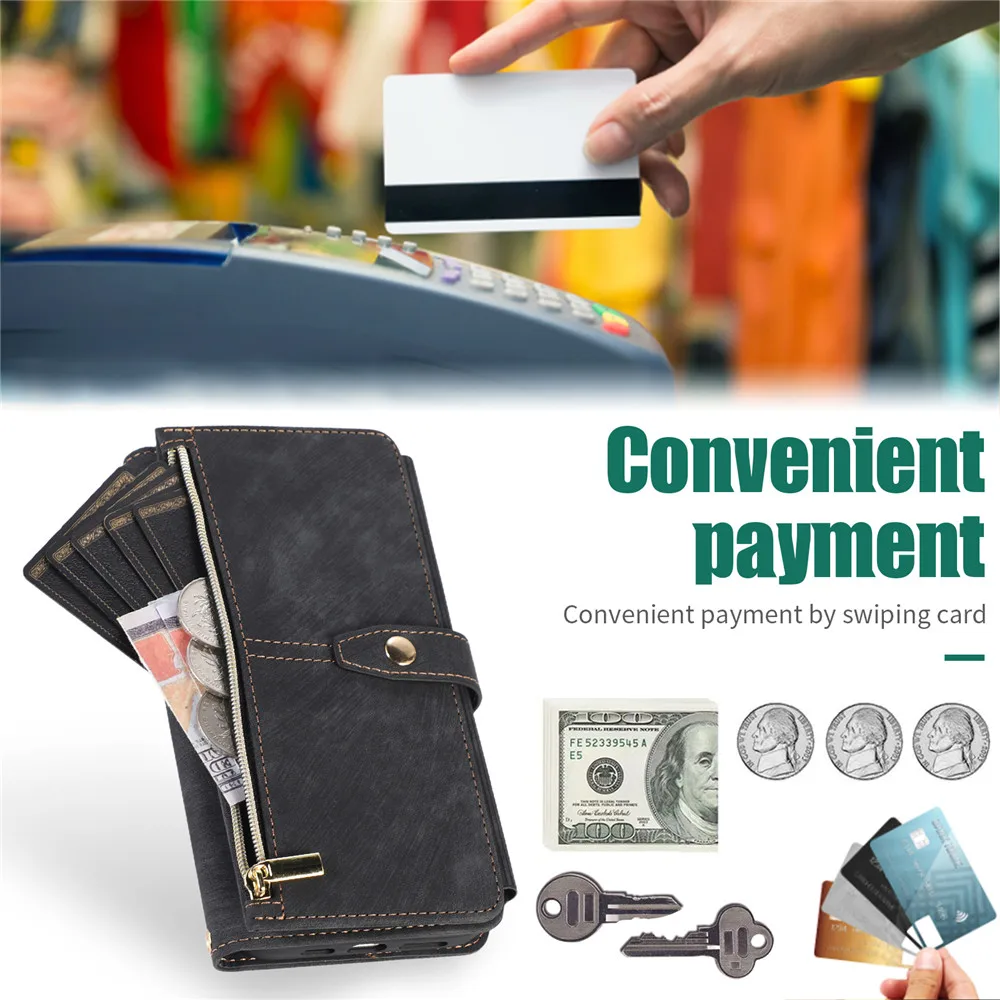 Luxury Leather Flip Wallet Case with Multi 9-Card Slot and Zipper Etui