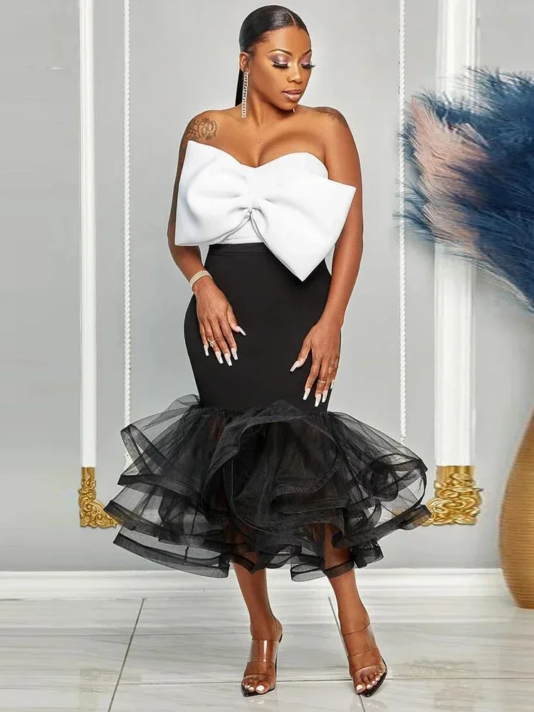 

Women Two Piece Outfits Bowtie Tube Tops High Wasit Package Hip Trumpet Tulle Skirts Trendy Sexy Party Night Club Dress Sets
