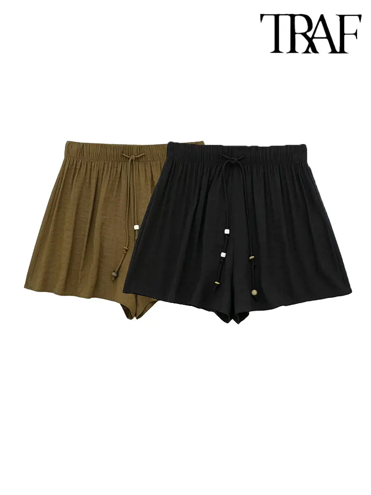 

TRAF 2023 Summer Green Drawstring High Waist Shorts For Women Casual Elastic Waist Loose Wide Leg Shorts