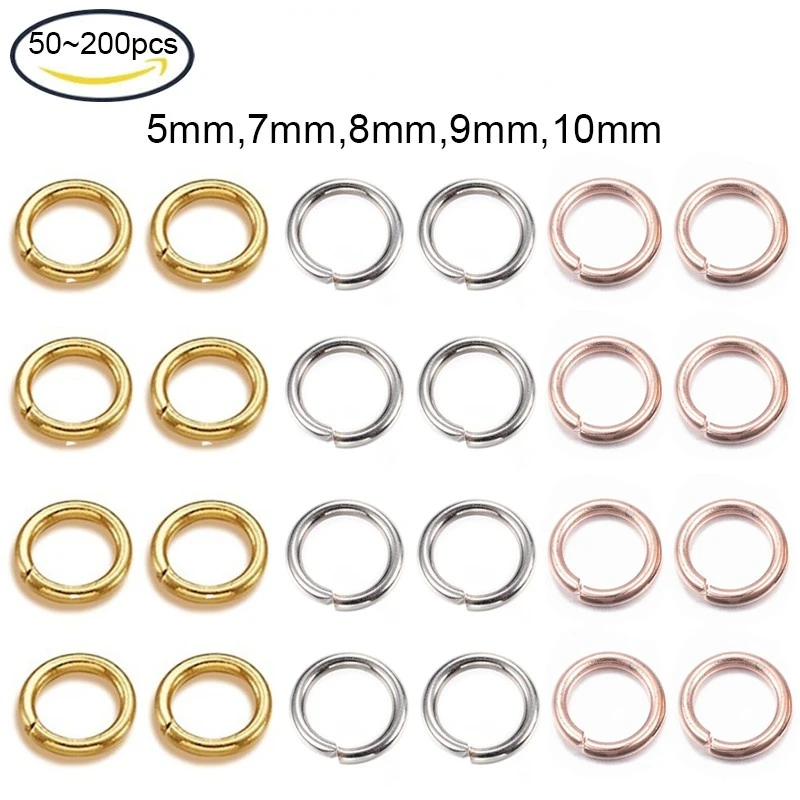 NBEADS 50-200PCS 5-10x0.7-1.5mm 304 Stainless Steel Jump Ring 18k Gold Plated Connector Diameter for Jewelry Bracelet Making new 316l stainless steel pull chain flower charm ring female titanium steel 18k gold plated adjustable ring