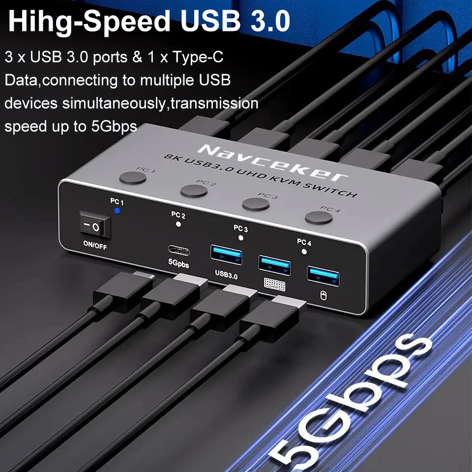 4K 240Hz 4X1 HDMI KVM Switcher 4 Port 8K USB HDMI KVM 4 PC Switch 144Hz Docking