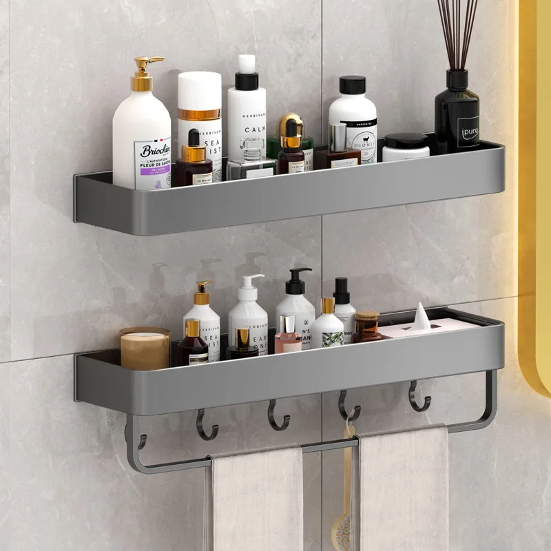

No Drilling Bathroom Shelf Gunmetal Double-Layer Space Aluminum Wall-Mounted Organizer for Toilets and Bathrooms