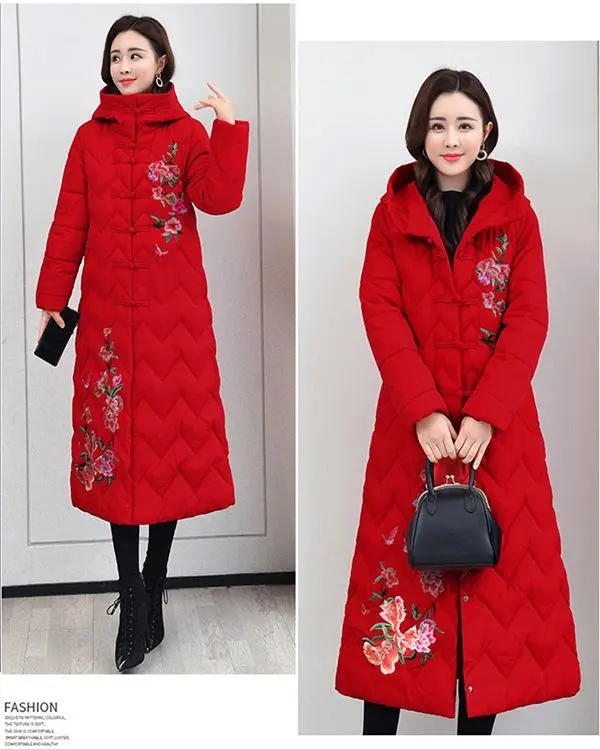 Winter Down Cotton Padded Women Chinese National Style Embroidered Long Outwear Thickened Warm Hooded Parka Coat Female