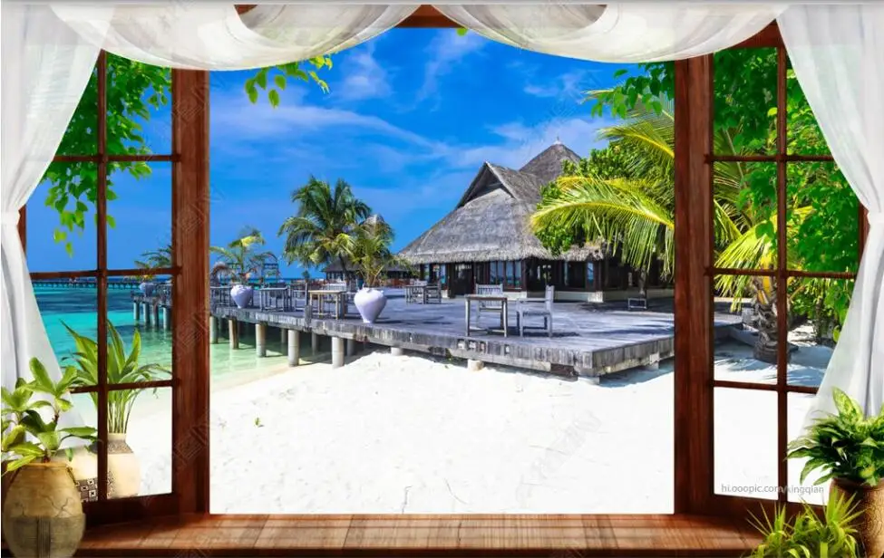 

custom mural 3d photo Floor-to-ceiling windows tropical island scenery background home decor wallpaper for walls 3d living room