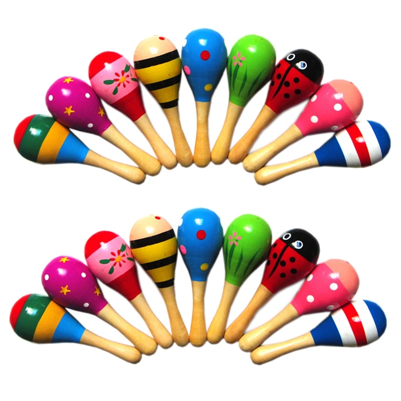 20 Pcs Wooden Wood Maraca Rattles Shaker Percussion Kids Musical Toy