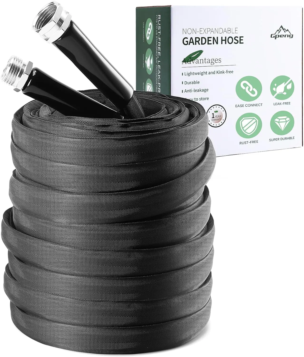 Lightweight garden hose 50ft coiled in a green lawn
