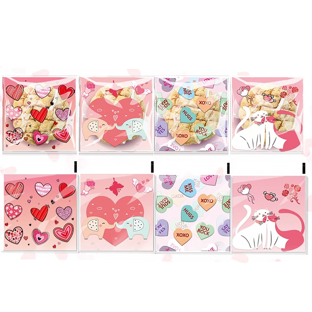 100 stücke 10x10cm Mix Valentinstag Cellophan Taschen Keks behandeln Taschen Herz selbst klebende klare Kunststoff Süßigkeiten Beutel Schmuck Display – Detail 4