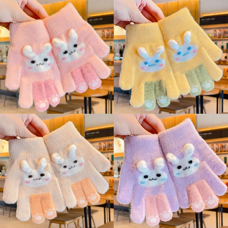 New Children Colors Winter Cute Rabbit Knitting Soft Five Finger Gloves Boys Girls Outdoor Warm Gloves Kids Glove Mittens