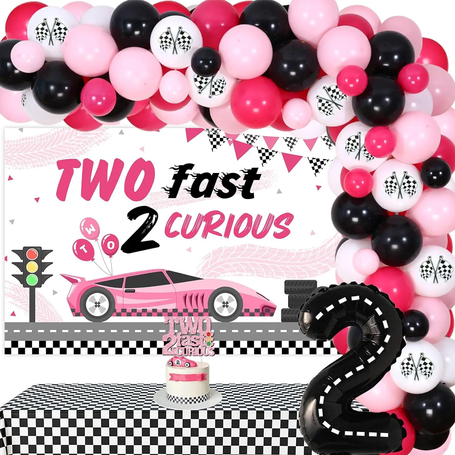 

Two Fast Two Curious Birthday Decor Race Car 2nd Balloons Arch Backdrop Cake Topper Checkered Flag Tablecloth Number 2 Balloon