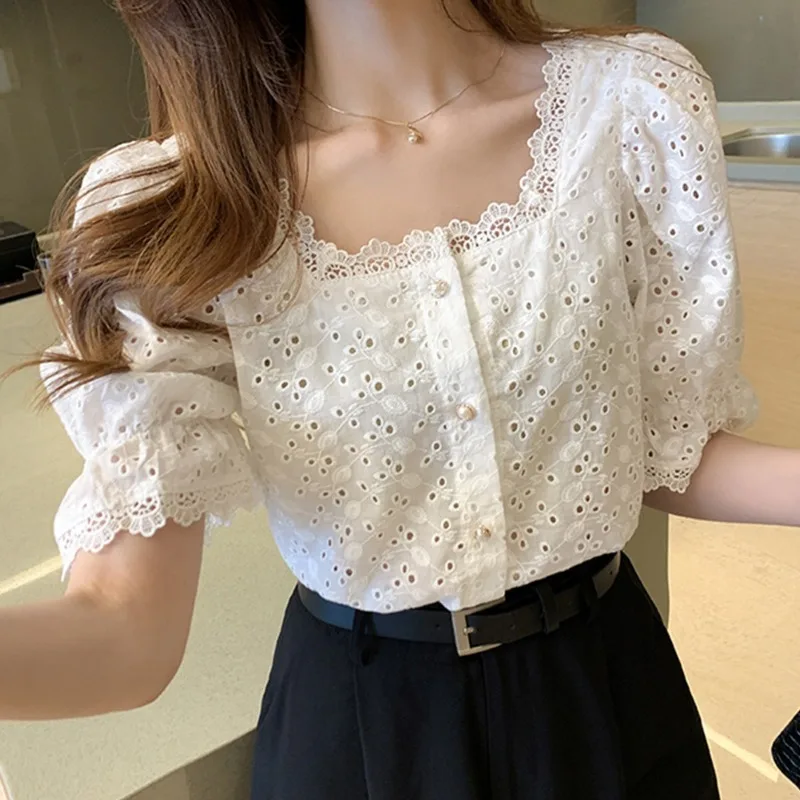 New Fashion Square Neck Lace Women's Button Shirt Hollow Short Sleeve Petal Sleeve Elegant Solid Color Women's Top 13934