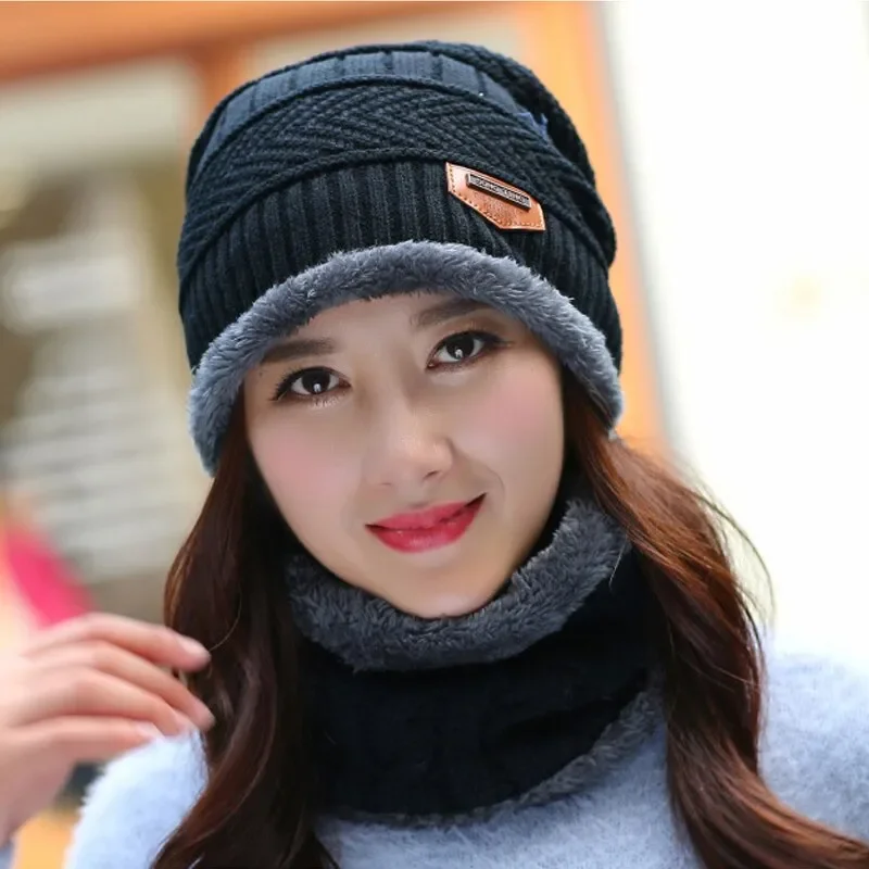 Winter Fleece Scarf Hat Set Thicken Plush Warm Beanie Wool Knit Cap Neck Mask for Men Women Outdoor Cycling Ski Hiking