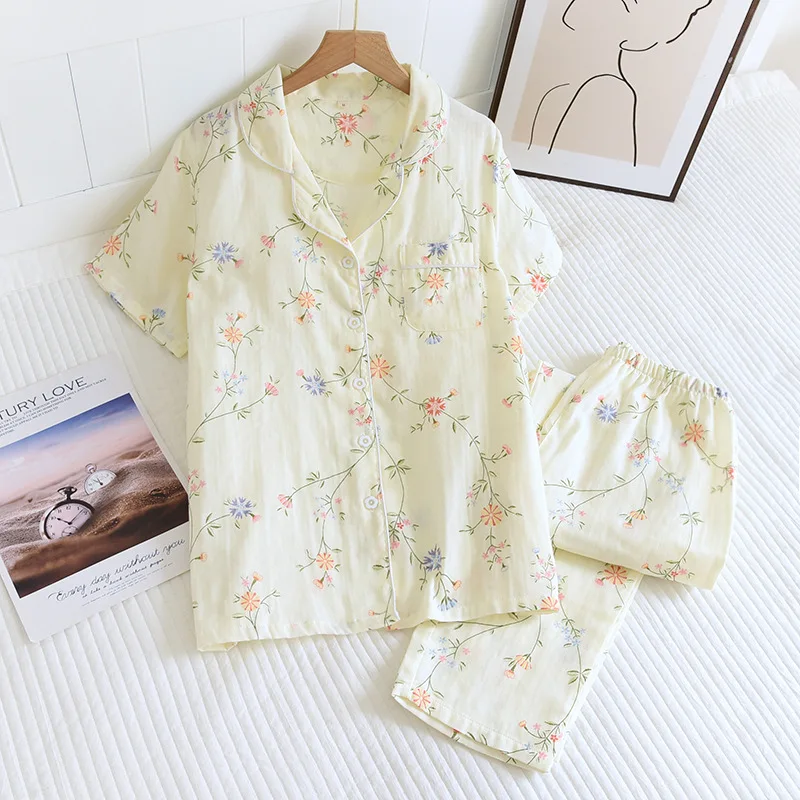 Summer Cotton Gauze Pajamas Women's Short Sleeved Trousers Set Loose