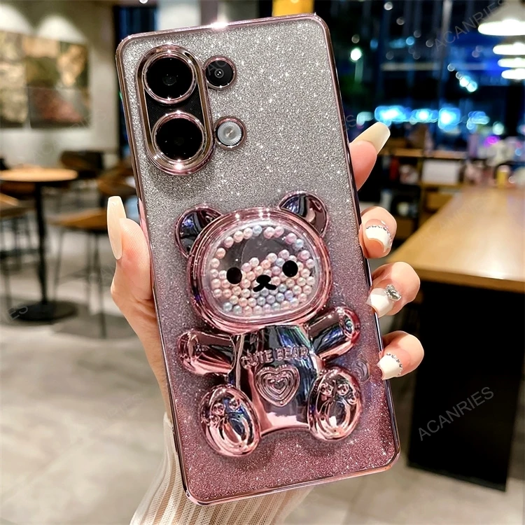 Étui en silicone plaqué avec support d'ours mignon pour Xiaomi Redmi Note 13 Pro 13pro Note13 4g 5g support couverture Mi Poco X6 M6 Pro Pocox6_voghion.com