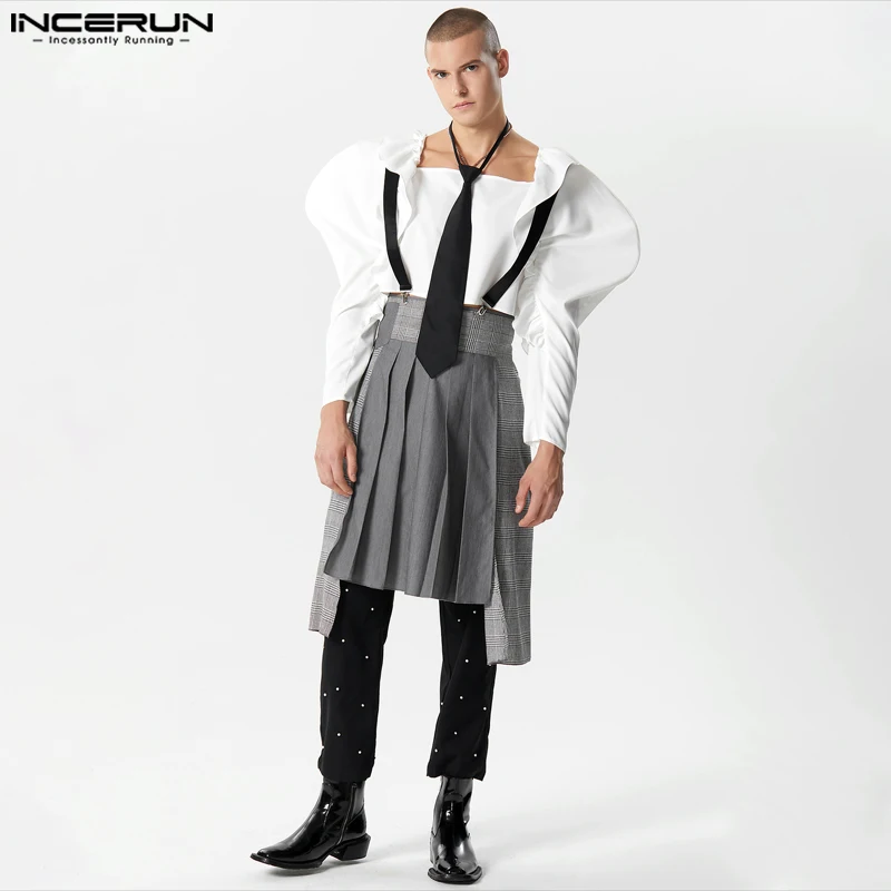 

INCERUN Men Irregular Skirts Rompers Plaid Patchwork Pleated Casual Jumpsuits Streetwear 2023 Zipper Fashion Male Straps Skirts