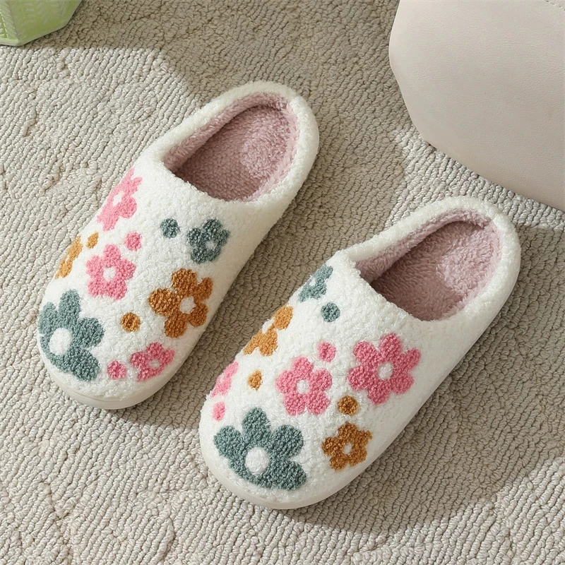 Winter Sweet Flower Print Indoor Slippers Women Closed Toe Flat Heel Cotton Slippers Woman Anti Slip Living Room Shoes Mujer