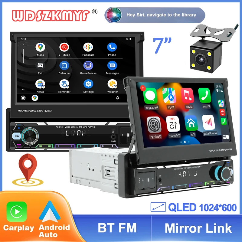 멀티미디어 무선 카플레이, 안드로이드, 자동 GPS, 자동차 오디오, 1 Din 스테레오 리시버, 자동차 라디오 지능형 시스템, 역방향 이미지, 7 인치