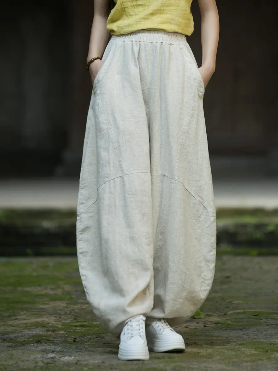 Chinese Style Curved Ramie Cotton Pants Vintage Loose Tai Chi Trousers