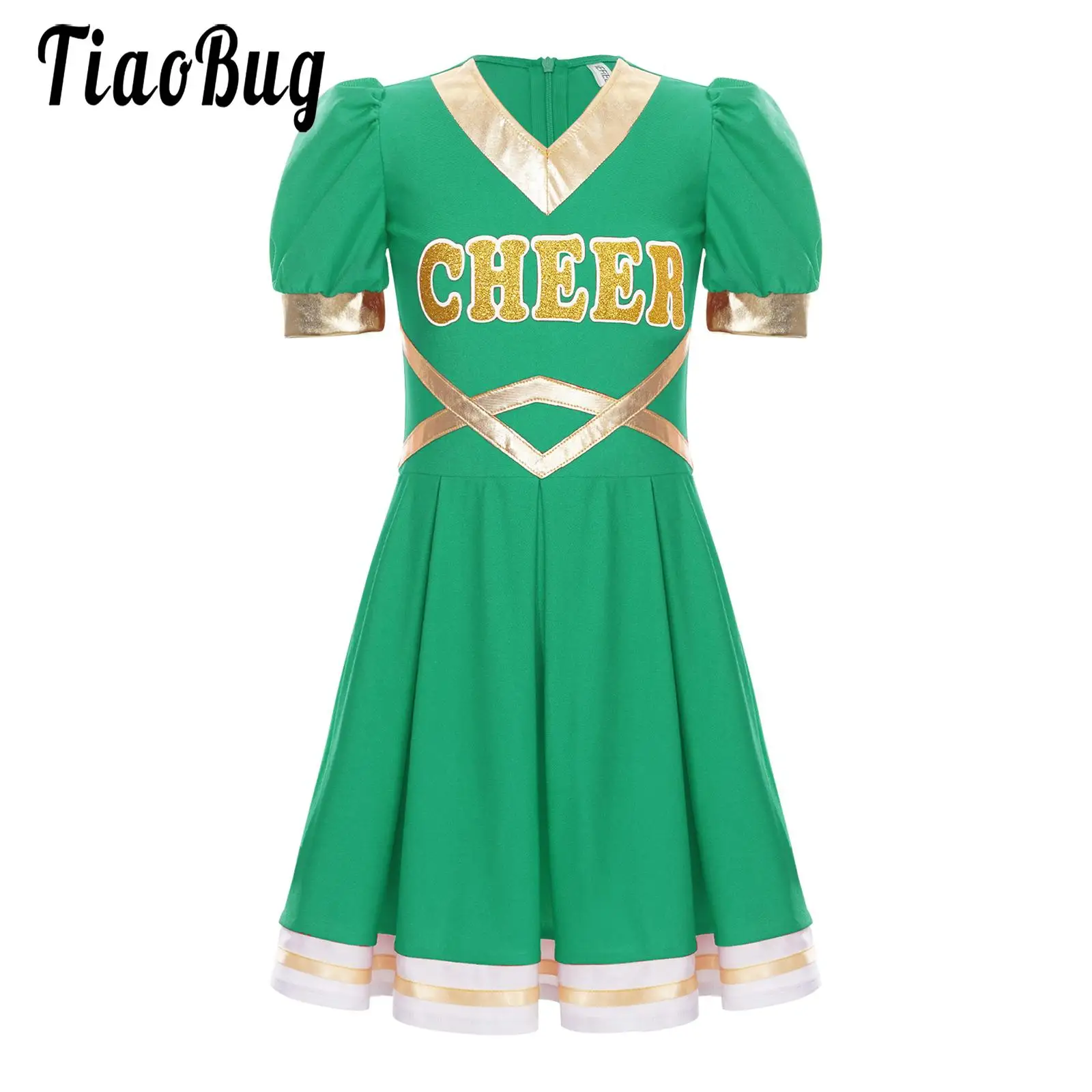 

Kid Girls Cheerleader Costume Dress Cheer Dancing Outfit Color Block Schoolgirl Cheer Stage Performance Cheerleading Uniform