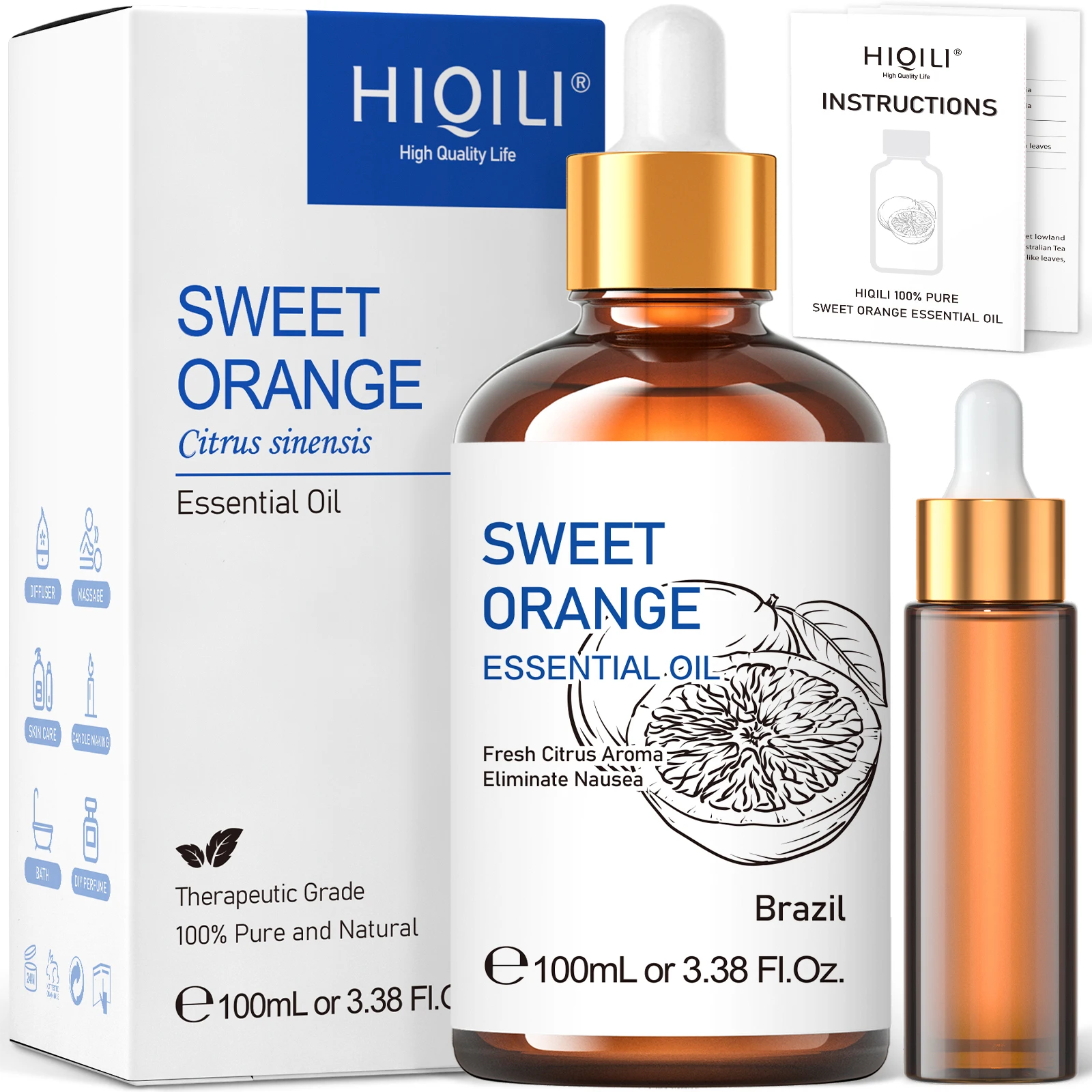 HIQILI 100ML Sweet Orange Essential Oils,100% Pure Nature for Aromatherapy, Diffuser, Humidifier, Massage, Fresh air, Candle