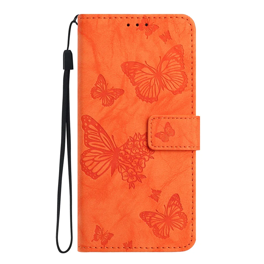 Butterfly Embossed Leather Wallet Phone Case with Card Slots and Strap