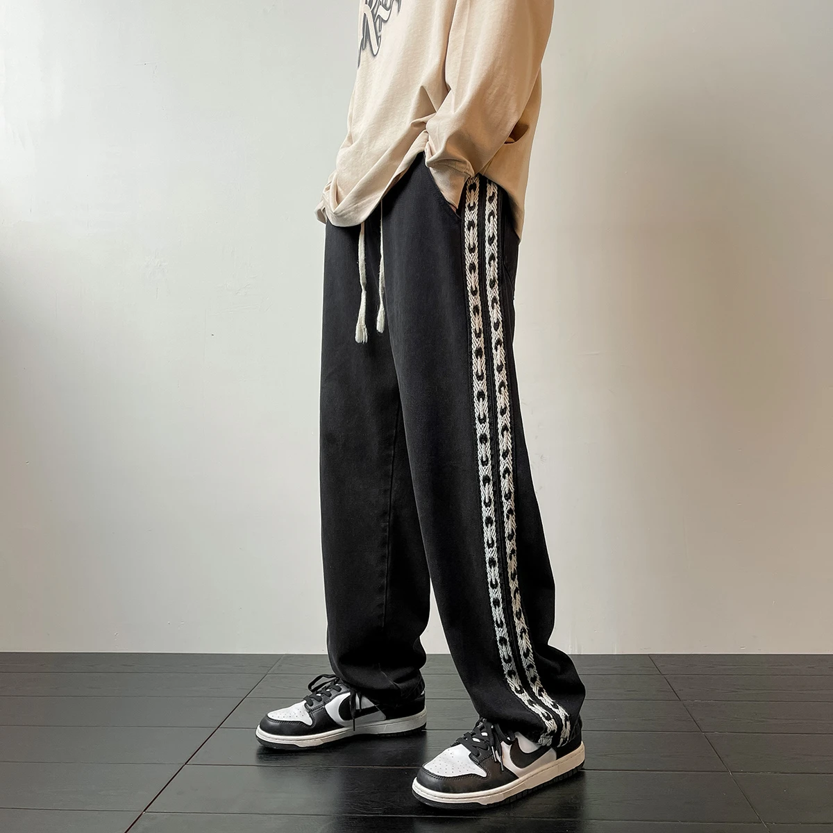 2022 Autumn New Streetwear Men's Baggy Jeans Elastic Waist Side bing