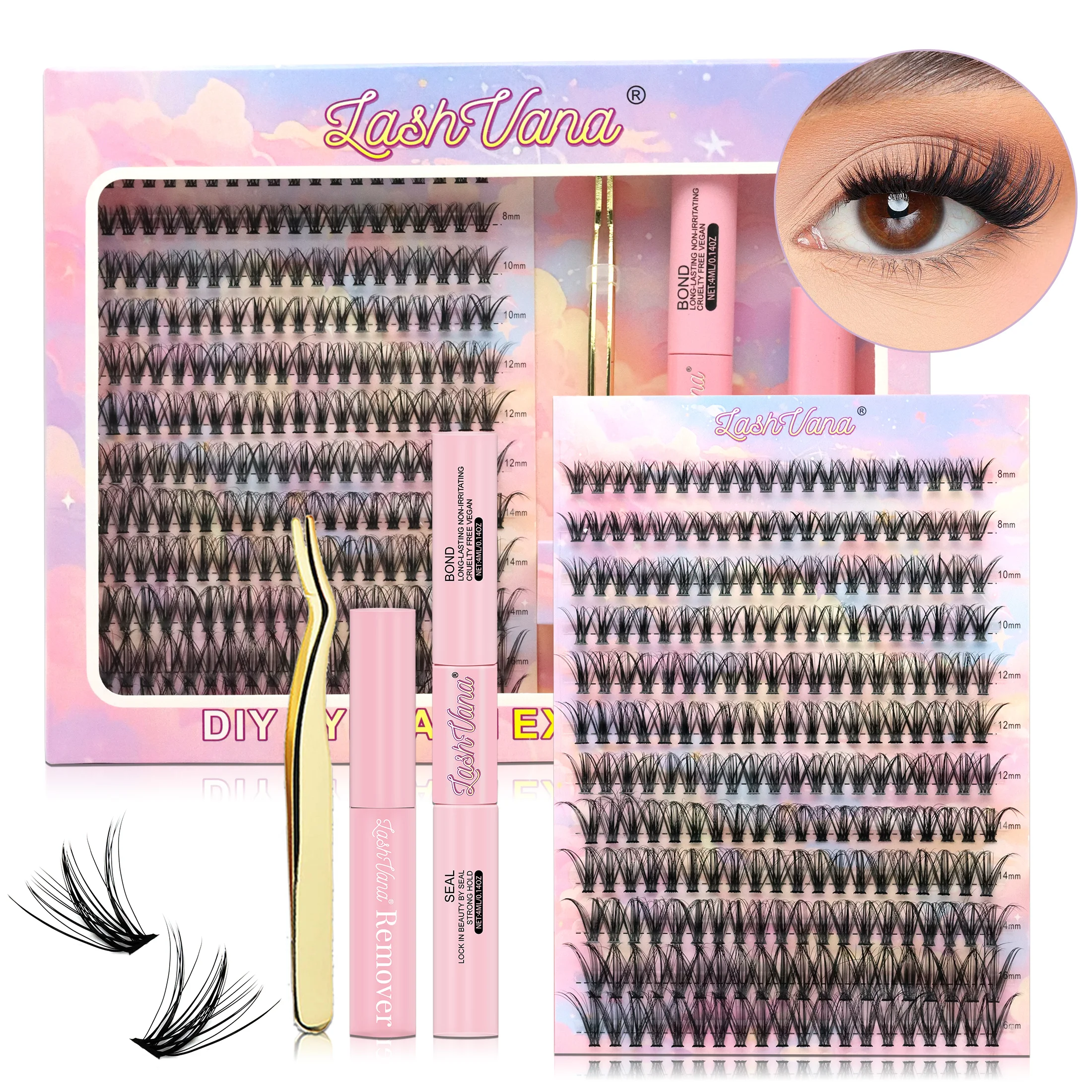 DIY 240PCS 40D 8-16mm Lash Extension Kit Fake Eyelashes Lash Glue Clusters Lash Bond and Seal Makeup Tools for Gluing Lashes