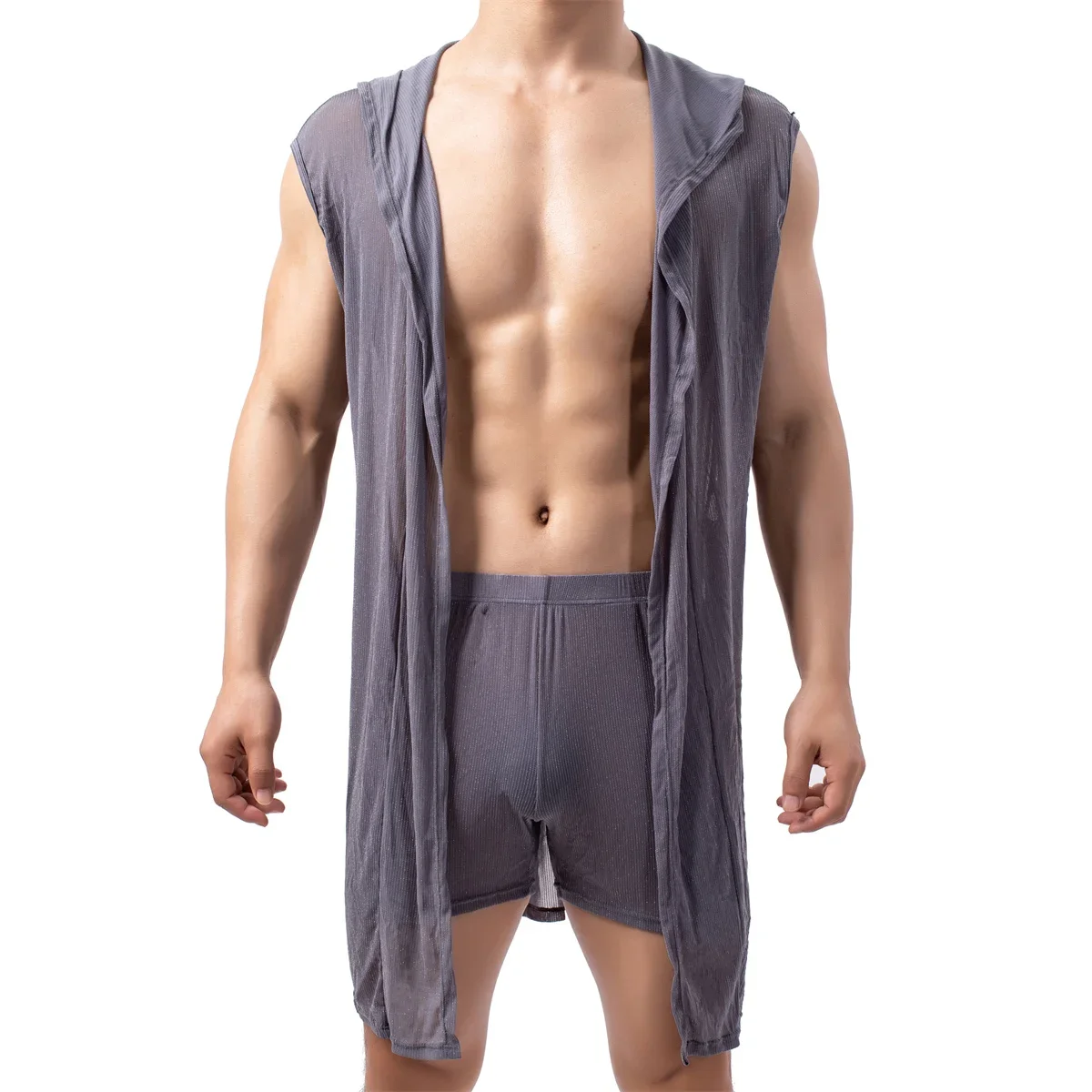 Mens Robes Hooded Summer Bathrobe Male Sleeveless Bath Robe Sexy Mens Dressing Gown Bathrobes Nightgowns Pijama Hombre Sleepwear yufeida mens sexy hooded sleeveless robe fishnet bathrobe mesh see through sleepwear pajamas male hollow out beachwear nightgown