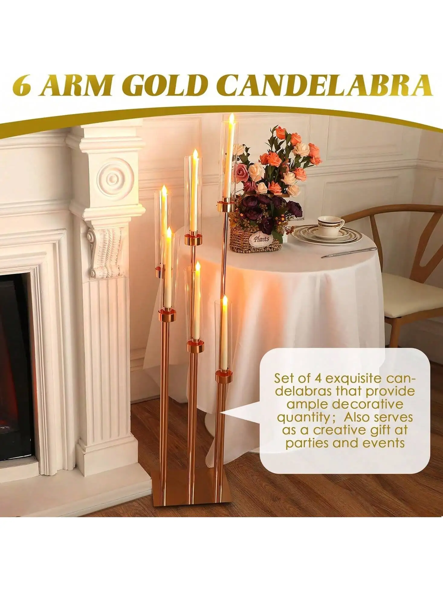 6 Arms Gold Candelabra Centerpieces for Wedding Decoration Tall Gold Floor Candelabra for Valentine's Day and Weddings