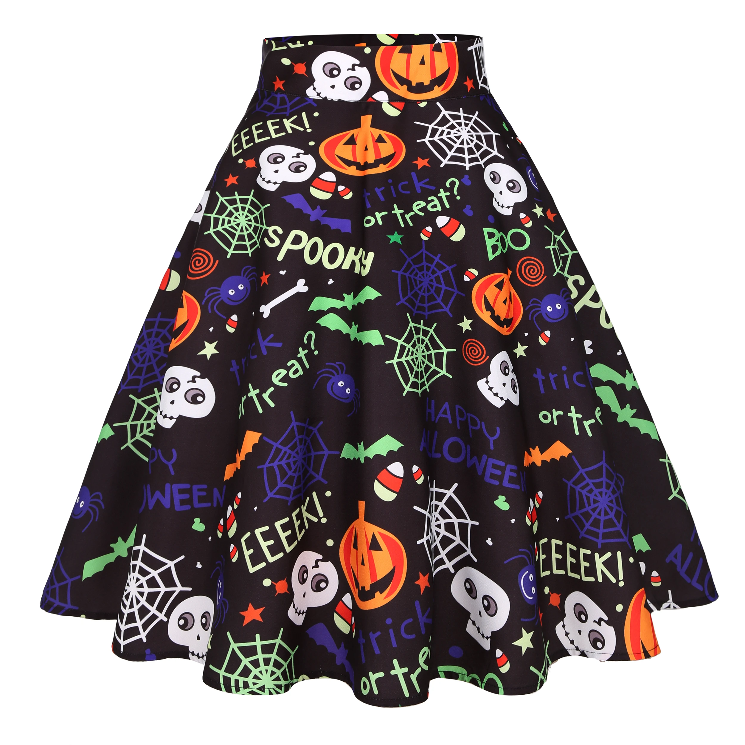 Ghost Bat Print Halloween Midi Skater Skirt Women High Waist Hepburn Vintage Skirts Casual Cotton A-Line Party women's Clothing