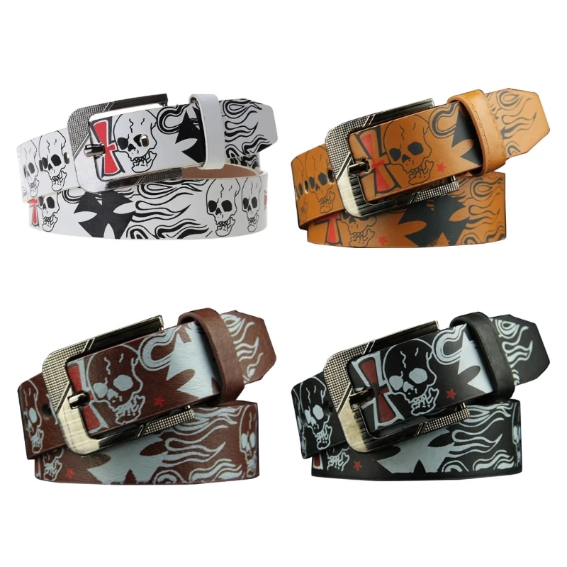 Skull Print Belt for Men Women Decorative Belt for Pants Shorts PU Wide Belts