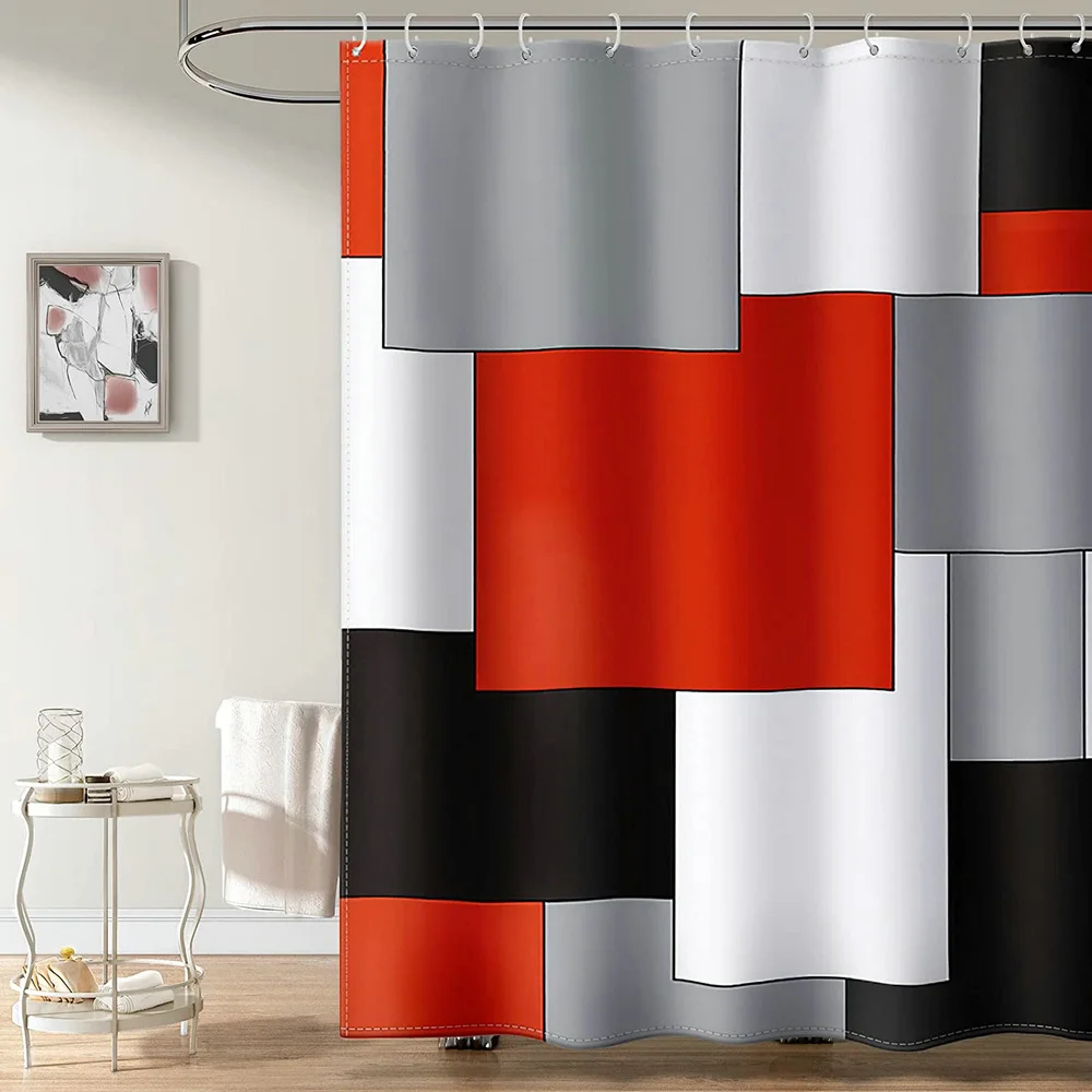 

Modern Geometric Shower Curtain Red Black White Gray Splicing Creative Lattice Design Bathroom Decor Fabric Curtains with Hooks