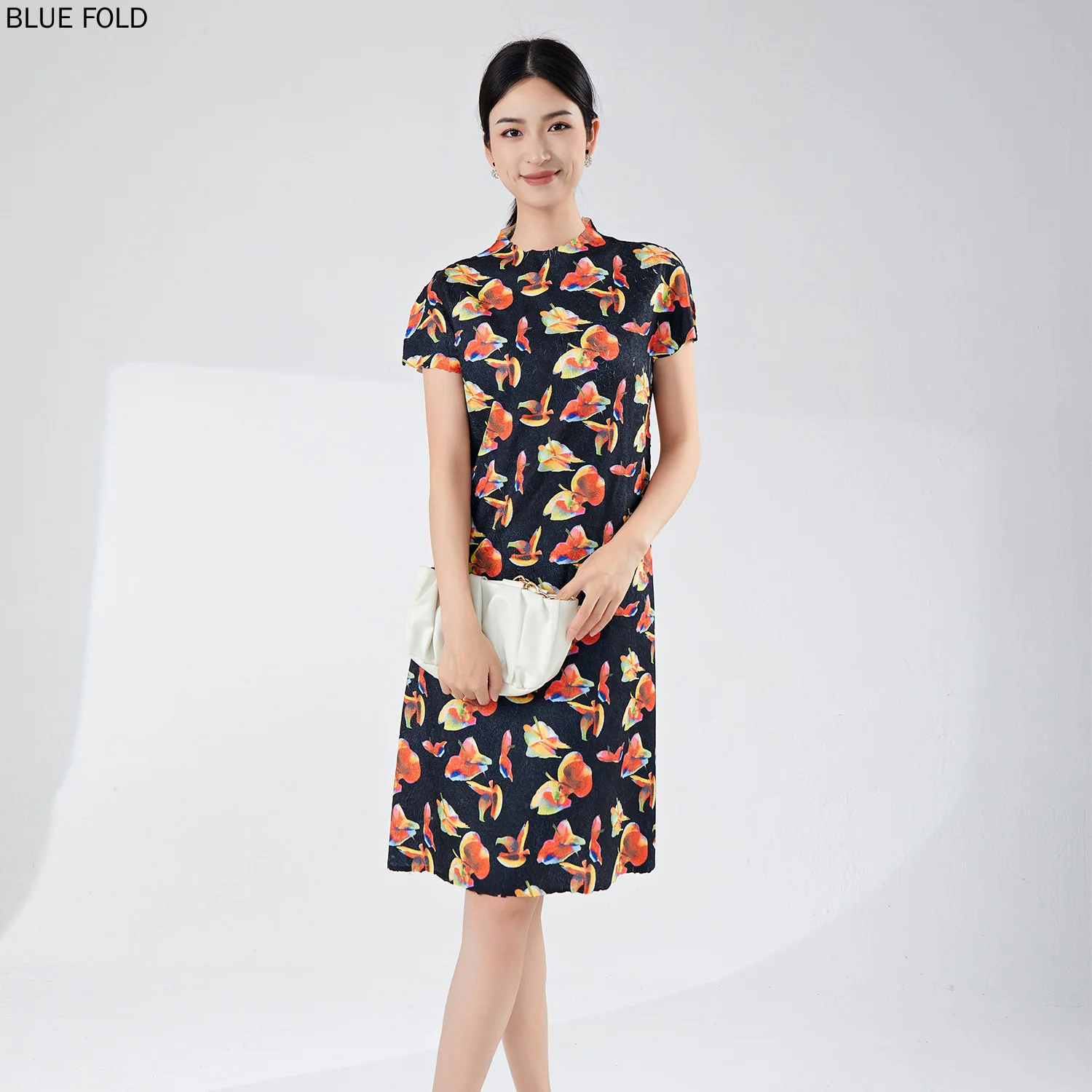 

MIYAKE Pleated Dress Summer Women's Dress High-end Printed Short-sleeved Mid-length Loose and Versatile Dress Elegant Vestido