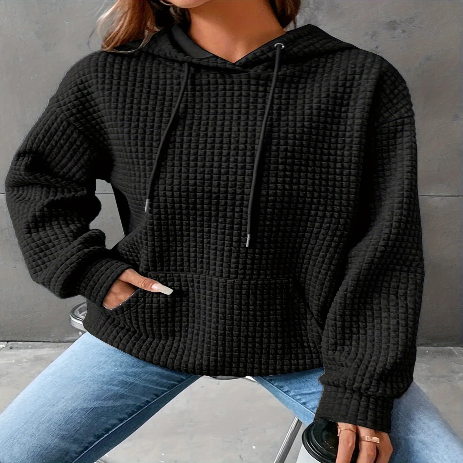 Waffle Grid Kangaroo Pocket Hoodie, Casual Long Sleeve Drawstring Hoodies Sweatshirt, Womens Clothing