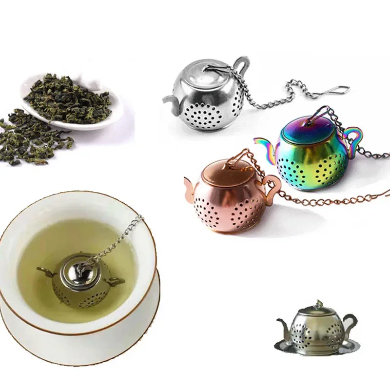 Description Picture 5 of itemMetal Tea Strainer Teapot Shape Loose Tea Stainless Steel Infuser Leaf Tea Maker Strainer Chain Drip Tray Herbal Spice Filter