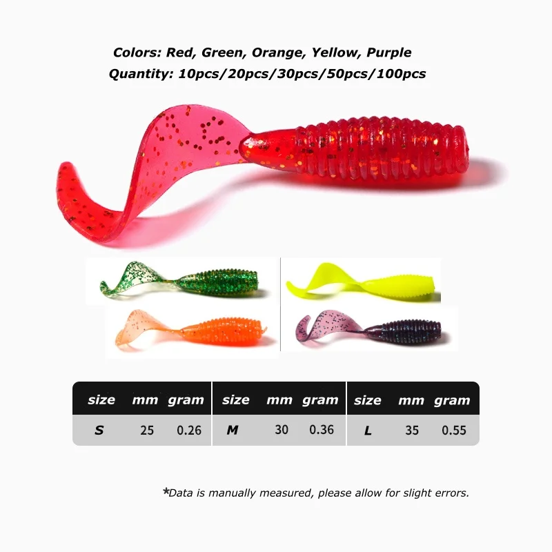 Soft Bait Worm Fishing Lure 25mm 30mm 35mm PVC Bionic Coiled Tail Moggot Grub Lure Wobblers Carp Swimbait 50PCS fishing lure,carp fishing bait