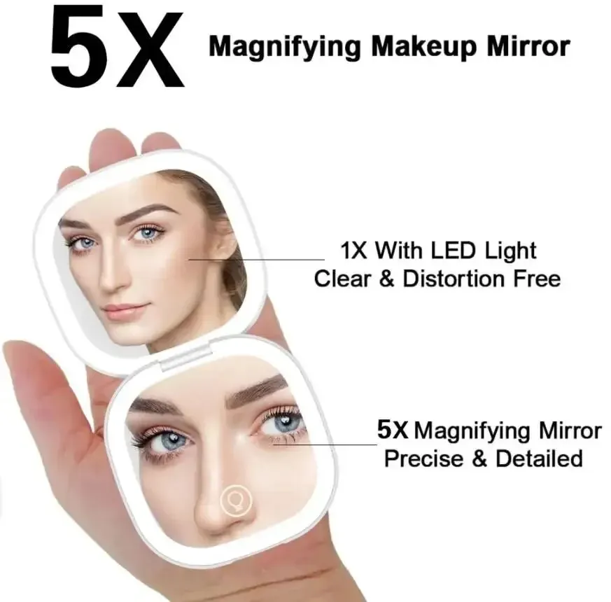 Makeup Mirror Magnifying Mirror Hand Holding Mirror 2 Face Sides Touch Compact Led 3 Colors Mini Foldable Charge With 5X