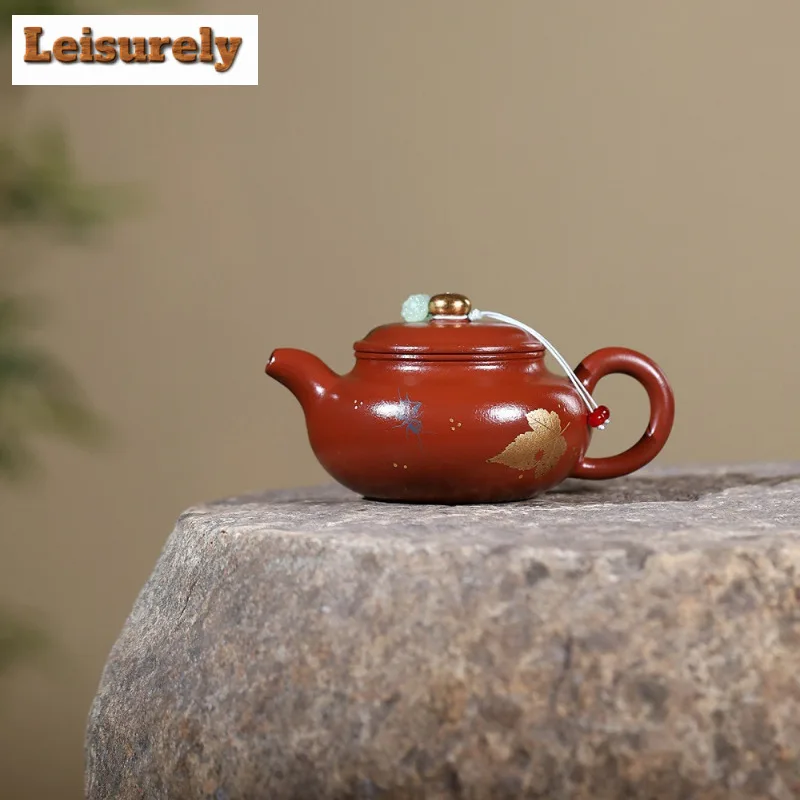 260ml Handmade Yixing Purple Clay Teapots Handmade Maple Leaf Gold Drawing Antique Pot Raw Ore Zhu Mud Kettle Zisha Tea Set Gift