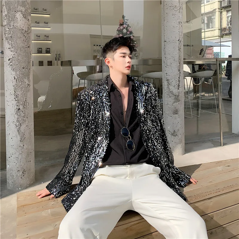 Mens Sequin Tee Shirt Homme Paillette Shiny Blazers Mean Blazer Hombre  Negro Atumn Jacket Men Stylish
