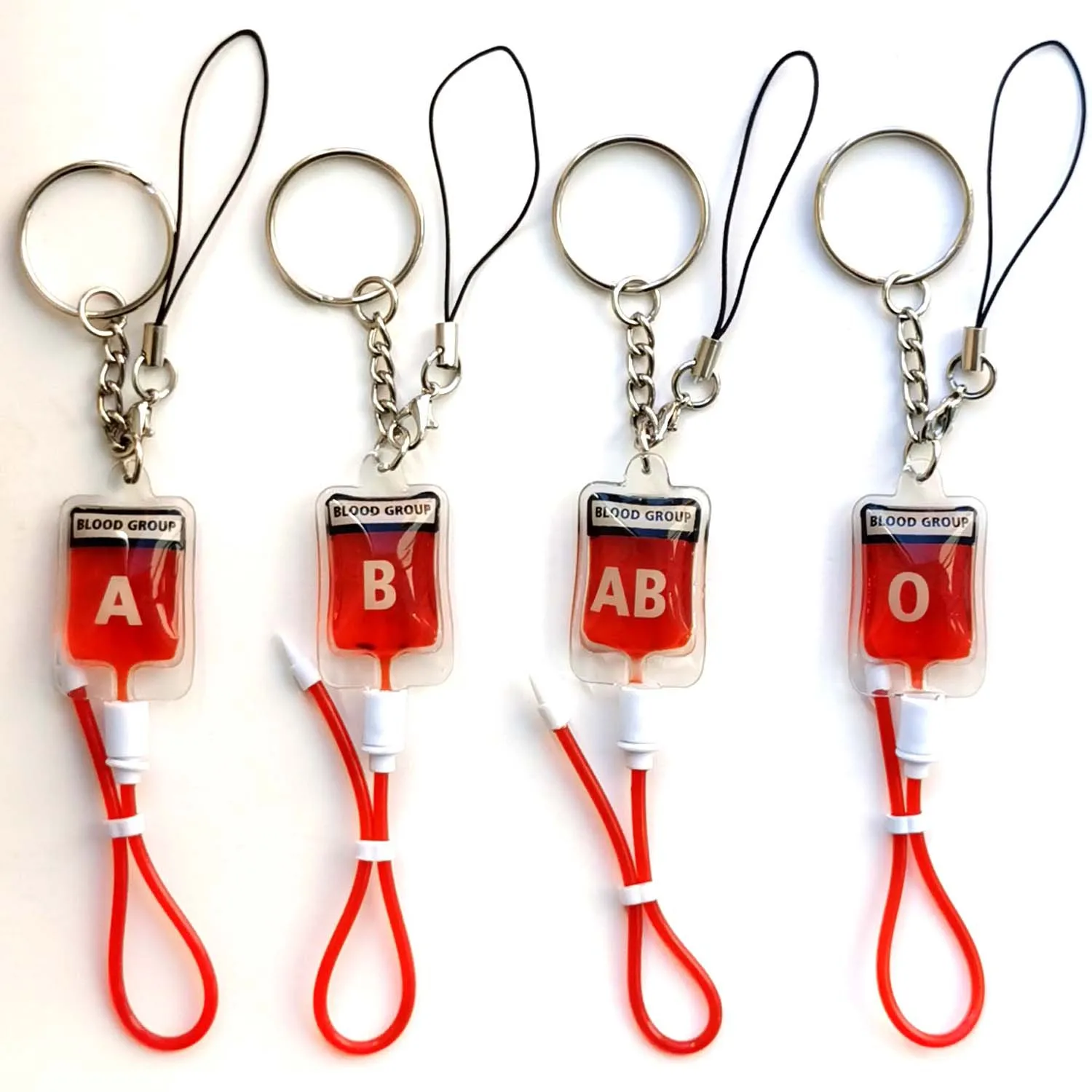 

New Mixed 100 Pcs A B O AB Blood Bag Pack PVC Key Chain Pendant Lanyard Mobile Phone Wholesale