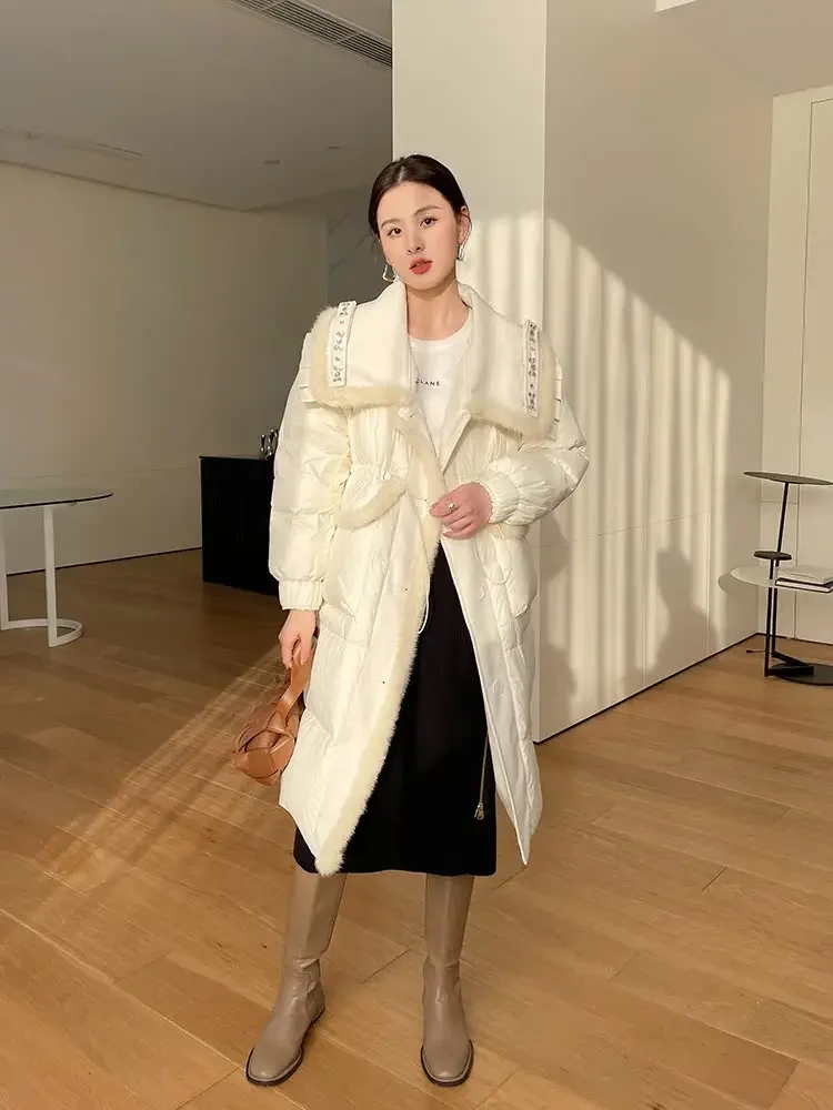 Real Mink Fur Down Jacket for Women Winter 2024 New Chic Navy-collar High Quality Warm Long White Duck Down Coat