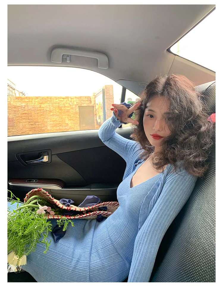 Vintage Chic Knitted 2-piece Dress Set Women Crop Cardigan V-neck Spaghetti Strap Bodycon Midi Dress Autumn New Female Clothing