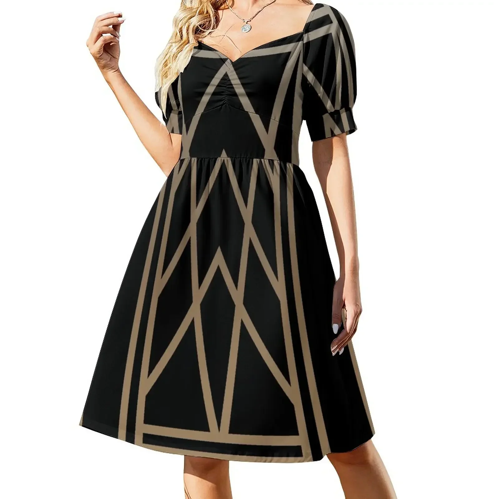 thumbnail image 1 of Vestido de festival de manga corta con arte negro y dorado, vestidos de mujer para eventos especiales., 1 of 7