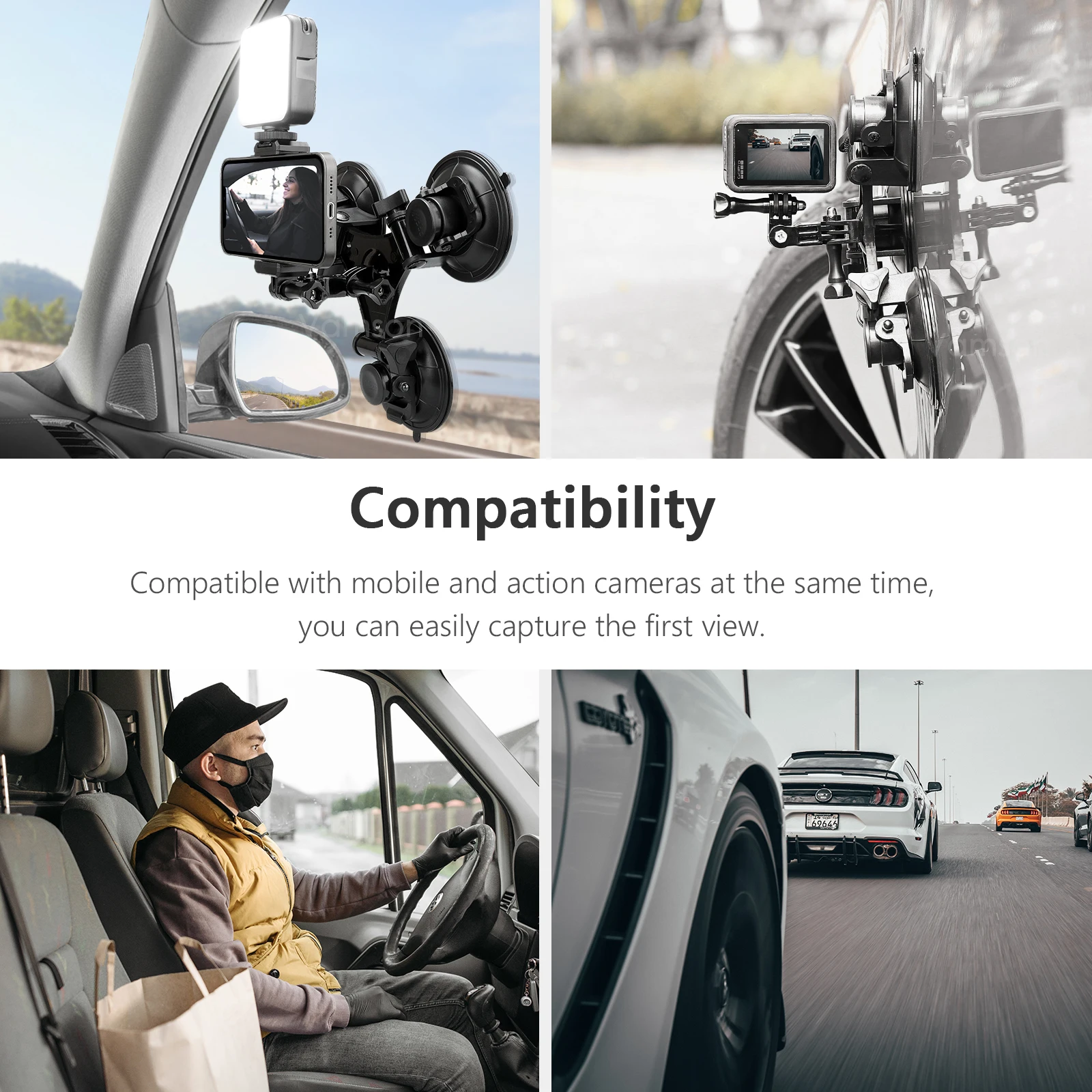 Vamson 탈착식 트라이 앵글 흡입 컵 마운트, Go Pro Hero 11 10 9 8 용, Insta360 X3 One X2 DJI 액션 고프로 액세서리, 9cm