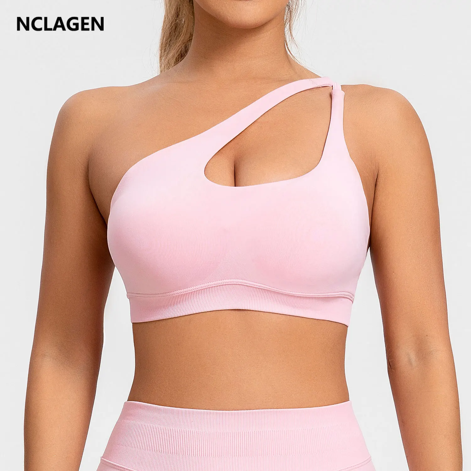 NCLAGEN Asymmetric Sports Bra High Support Backless Gym Top Women Halter Fitness Running Workout Clothes Sexy Seamless Underwear