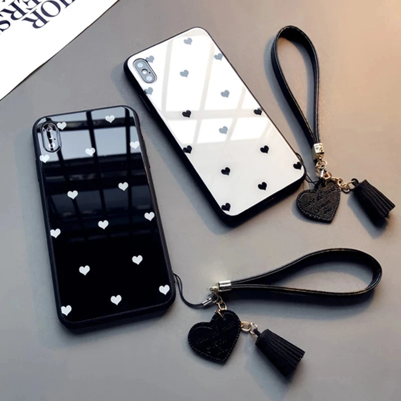 Love Heart Tassel Lanyard Phone Case with Tempered Glass Cover